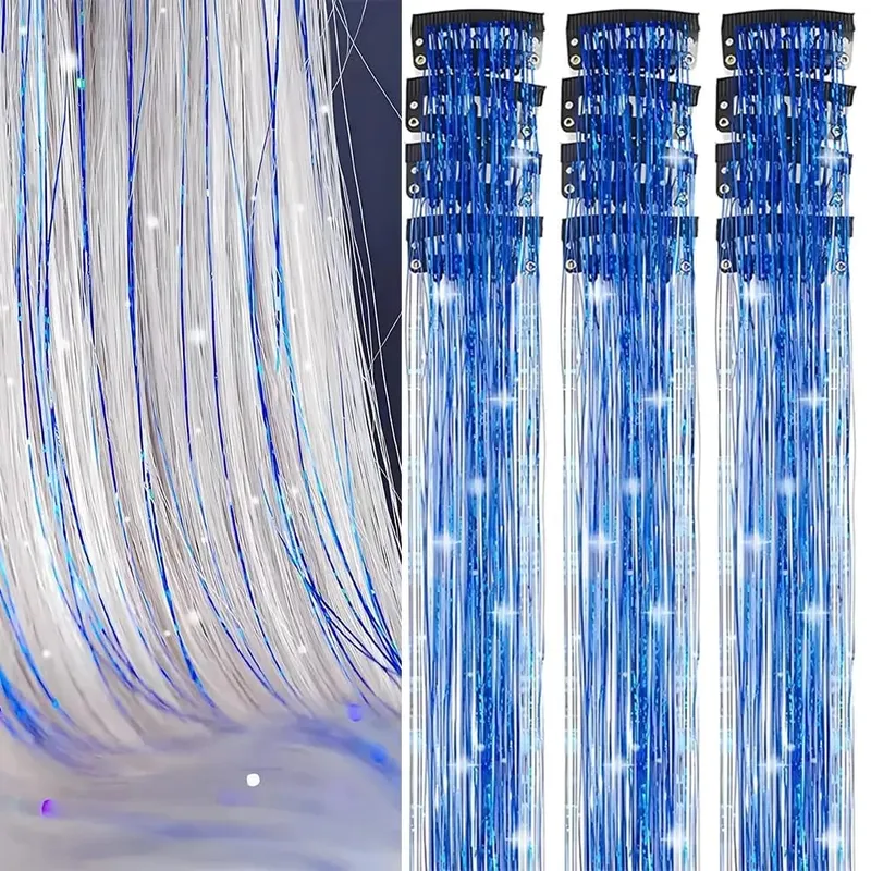 Hair Tinsel 12pcs Shiny Hair Metal Ribbon Clip Wig Piece Glitter Ribbon In Hair Party Focus Delicate Eye-Catching Gift Synthetic — image 10