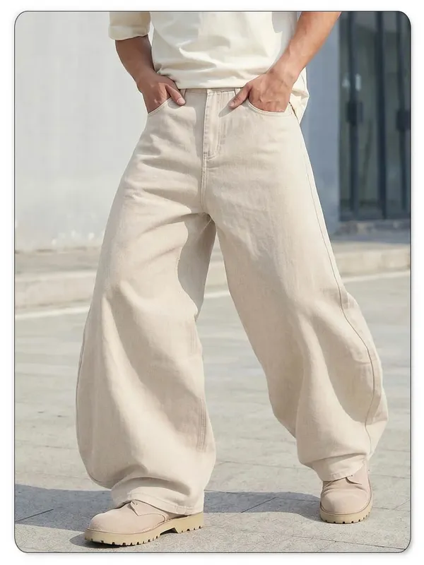 Men's American Beige Loose Wide Leg Jeans High Waisted Streetwear Hip-Hop Fashion Loose Denim Pants Y2K Retro Casual Pants — image 8
