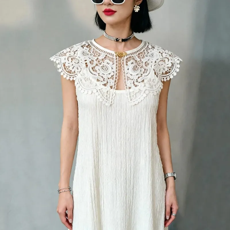 Pleated Sleeveless Elastic Long Dresses Women Vintage Palace Style Womens Black White Doll Fake Collar Soft Midi Dress Clothing — image 16