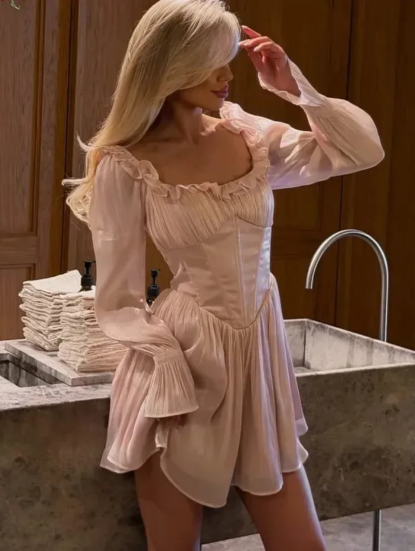 Elegante gola quadrada plissado guarnição vestido feminino chique sólido mangas completas cintura cinching vestidos curtos senhora sexy rua robes novo