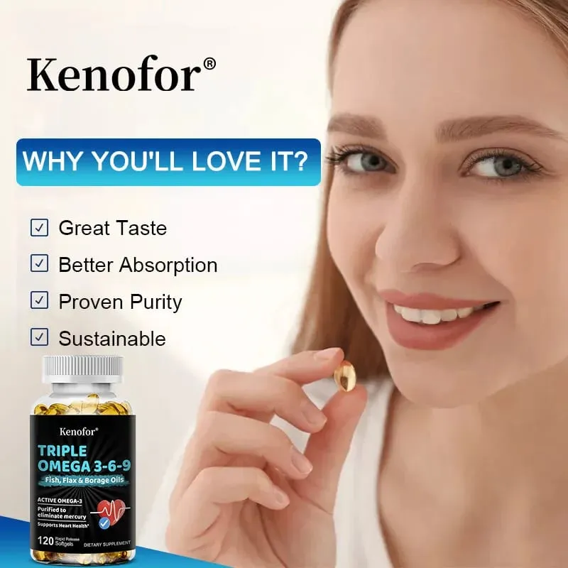 Omega 3 6 9 Softgels Fish Flax Borage Oil Support Brain Focus Eye Comfort Joint & Cardiovascular Wellness Immune Balance