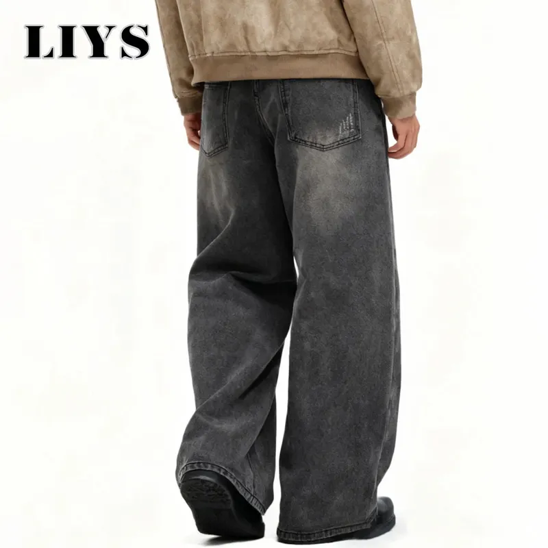 Men's American Retro Gray Baggy Wide Leg Jeans Daily Business Casual Loose Straight Leg Denim Pants Four Seasons Men's Clothes — image 2