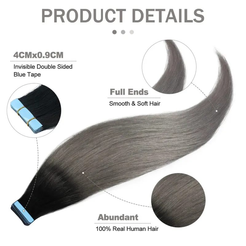 MRS HAIR Tape-In Hair Extensions 12-24 Inch 20pcs Natural Human Hair Real Extension T1B Gray Skin Weft Adhesive Tape Ins
