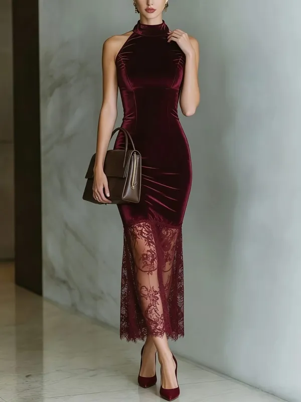 Women High Halter Neck Velvet Midi Dress Sleeveless Bodycon Mermaid Lace Hem Evening Party Formal Dress — image 4