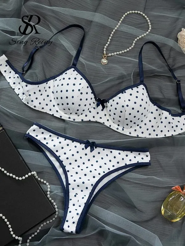 Conjuntos de lingerie com estampa de bolinhas francesas, sutiã com alça para mulheres + cuecas doces, roupa íntima vintage, 2 peças