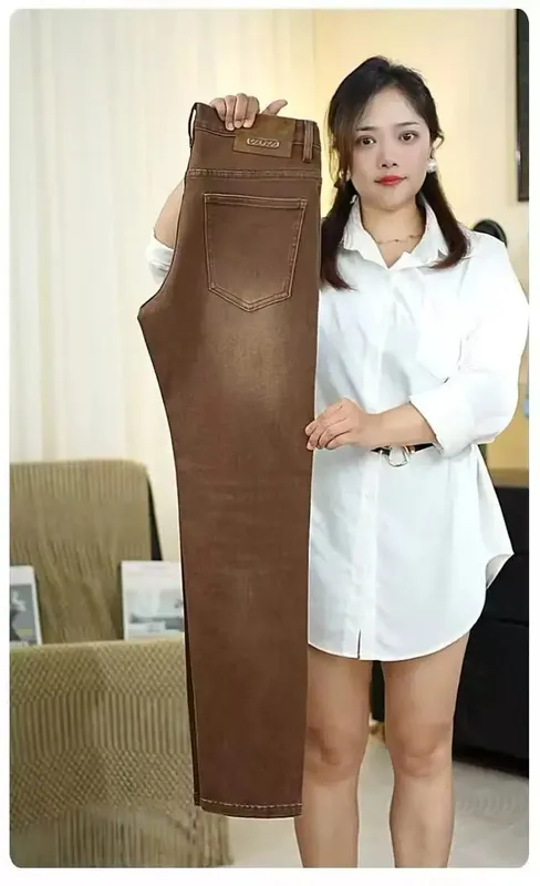 2026 New High-end High-quality Denim Brown Baggy Cotton Elastic Jeans Retro Nostalgic Men's Vintage Straight-fit Trousers — image 4