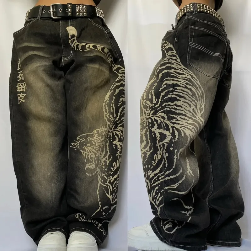 New White Jeans Y2K Dragon Pattern Mens American High Street Retro Korean Straight Pants Harajuku Hip-Hop Couple Wide Pants — image 6