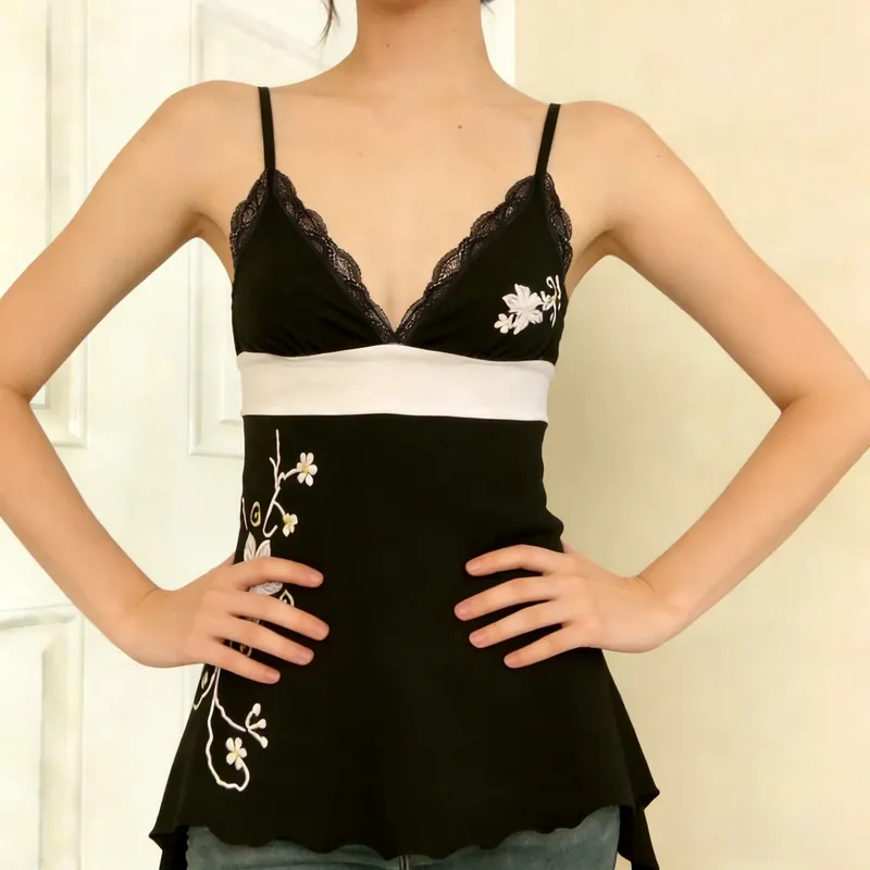 Sexy Vintage Lace Patchwork Suspender Top Women Harajuku Flower Graphic Print Rivet Mini Camis Gothic Hottie Summer Clo