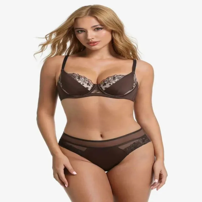 Conjunto de Lingerie Renda Bordada Sexy Para Mulheres Sutiã Minimizador Arame Macio Anti Flacidez Confortável Uso Diário