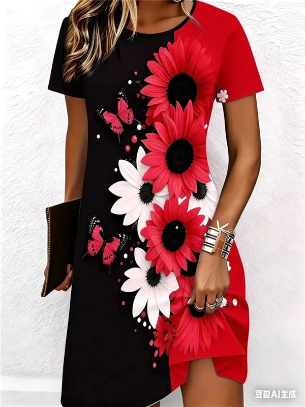 Street Hip Hop Flowers And Butterflies Women Mini Dresses Summer Short Sleeve 3D Printed Fashion Dress 3XL Big Size Casual Dress — image 5