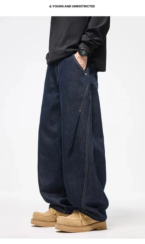Autumn Winter 2026 New Fashion American Style Men's Dark Blue Solid Color Casual Trendy Simple Basic Wide Leg Loose Jeans Pants — image 8