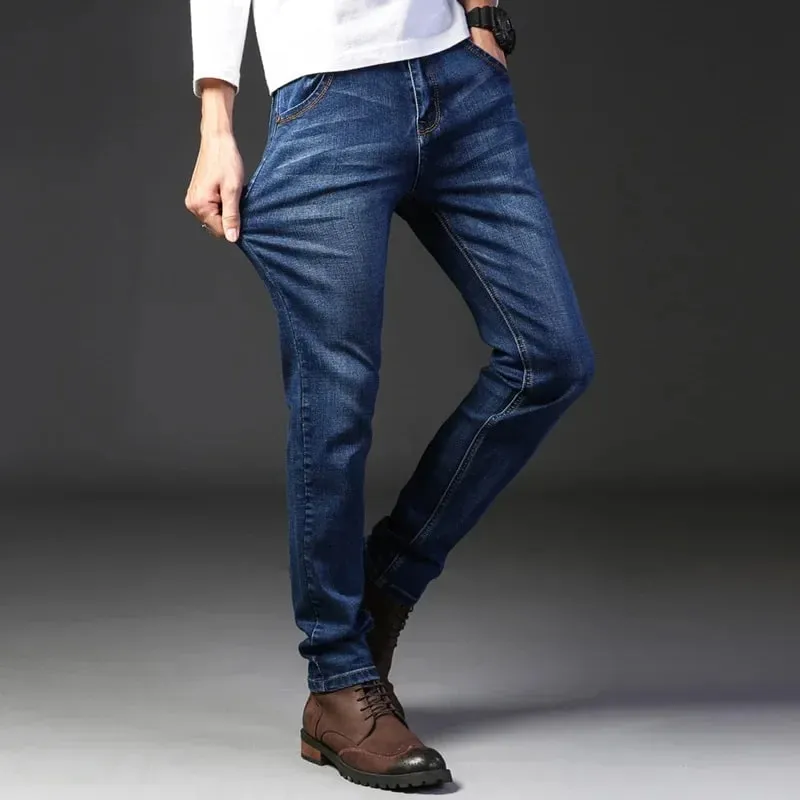 2024 Summer Thin Men's Elastic Cotton Jeans Fashion Gray Comfortable Business Straight Casual Pants High Quality Brand Trousers — image 3