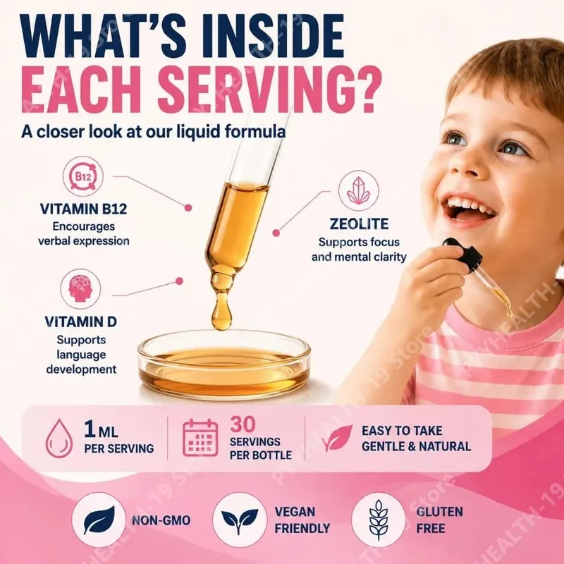 Googeer Little Speakers folyékony kiegészítő B12 vitamin D3 Zeolit ​​a verbális kifejezéshez, nyelv és fókusz támogatása gyerekeknek 30 ml