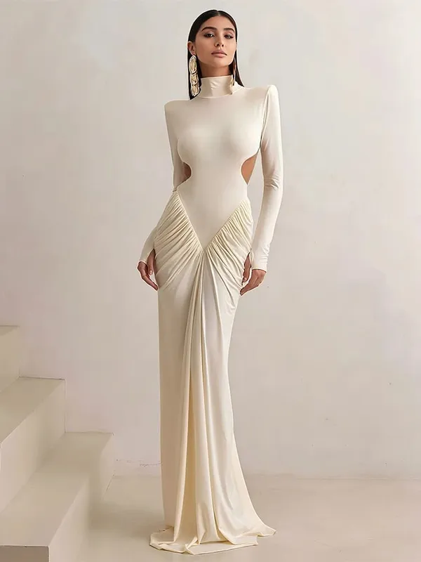 Weird Puss Backless Maxi Dress Women Shoulder Pads Long Sleeve Waistless Peach Buttocks Ruched Elegant Banquet Skinny Vestidos — image 2
