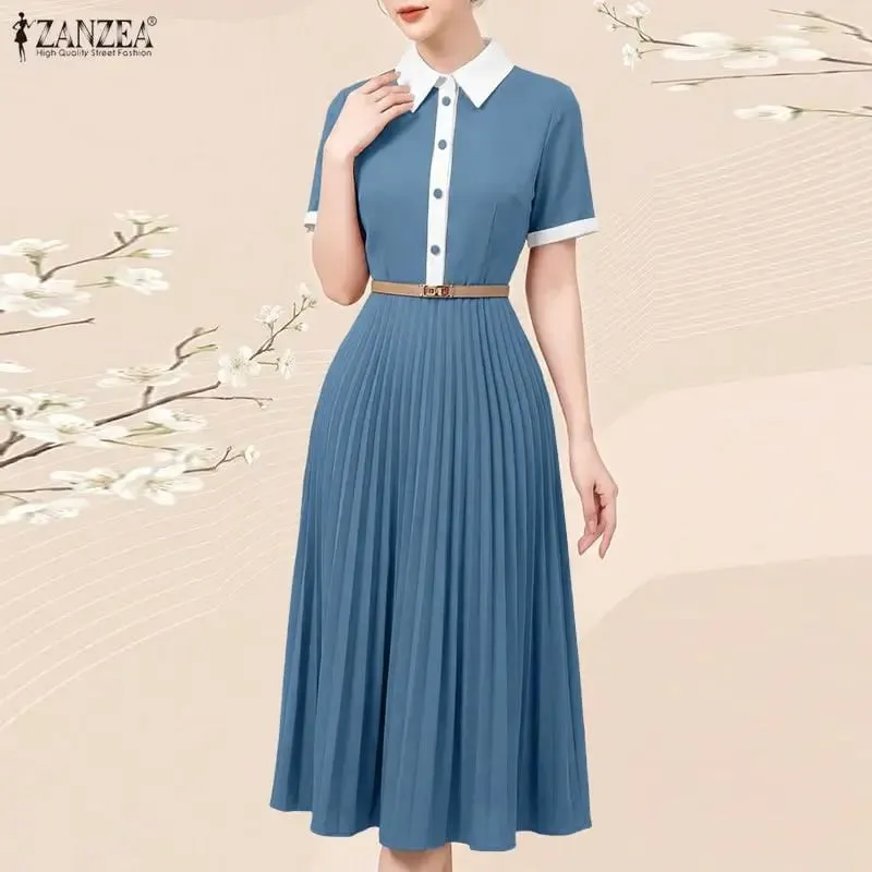 Professional OL Dress ZANZEA Women Summer Sundress Stylish Lapel Neck Short Sleeve Pleated Sundress Elegant A Line Work Dresses — image 4