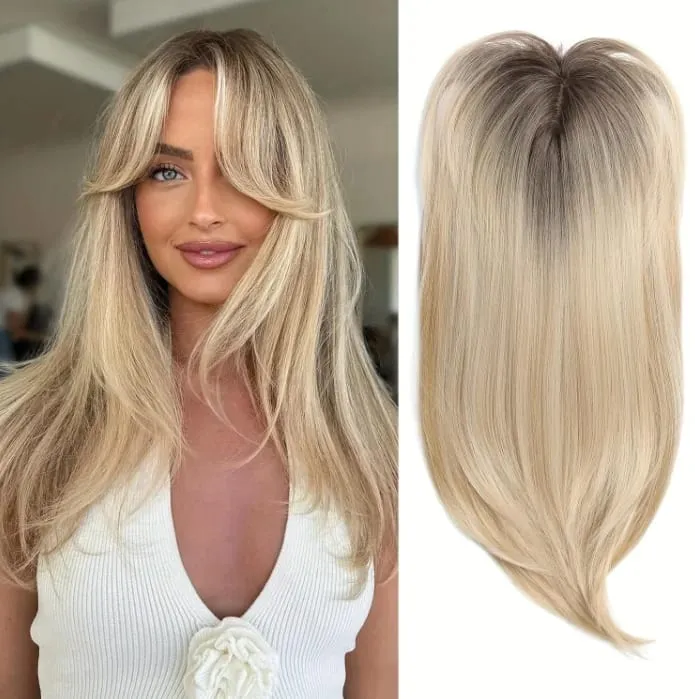 18in Clip in Synthetic Hair Topper with Bangs for Women lightly Curled Ends Wiglets Synthetic Fiber Pieces for Women