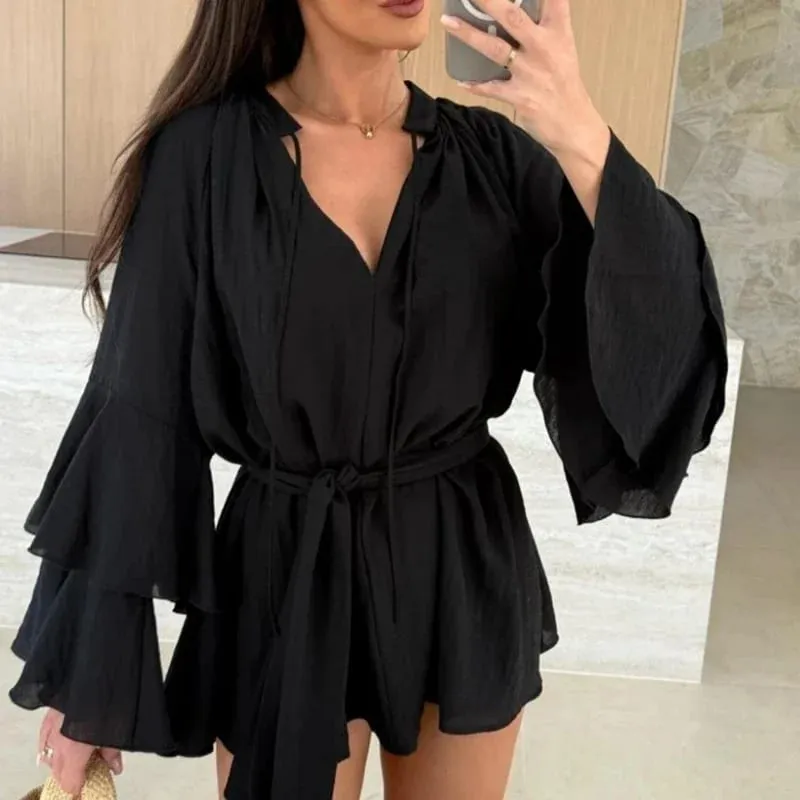 Vår Sommar Volang Lös miniklänning Fritidsdaglig utsvängd ärm Semesterklänningar Sexiga djup V-ringad spetsar Solid damklänning Vestidos — image 3