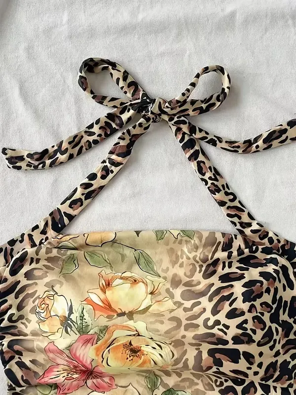 Cropped Top Women's Summer Vacation Women's Half Neck Leopard Print Colorful Flower Top — image 6