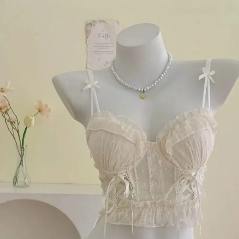 Women Lace Lingerie Set Ruffle Edge Mesh Cross Strappy Push Up Bra For Small Chest Sweet Soft Daily Comfy Underwear Two Piece — image 3