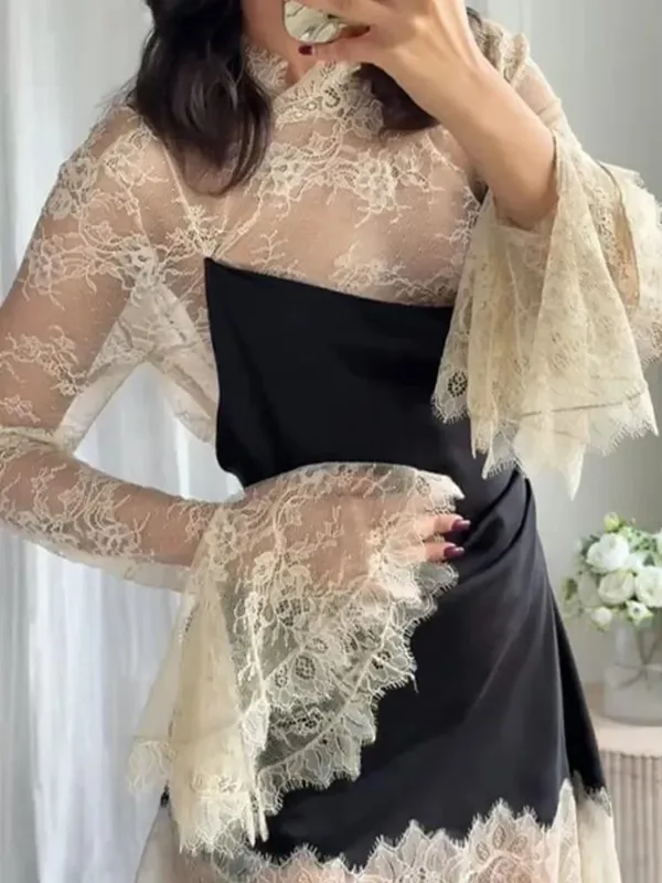 Elegant satin blommig spets patchwork miniklänning för kvinnor oregelbunden fåll långärmade klänningar dam 2026 Chic kvällsfest Vestidos — image 6