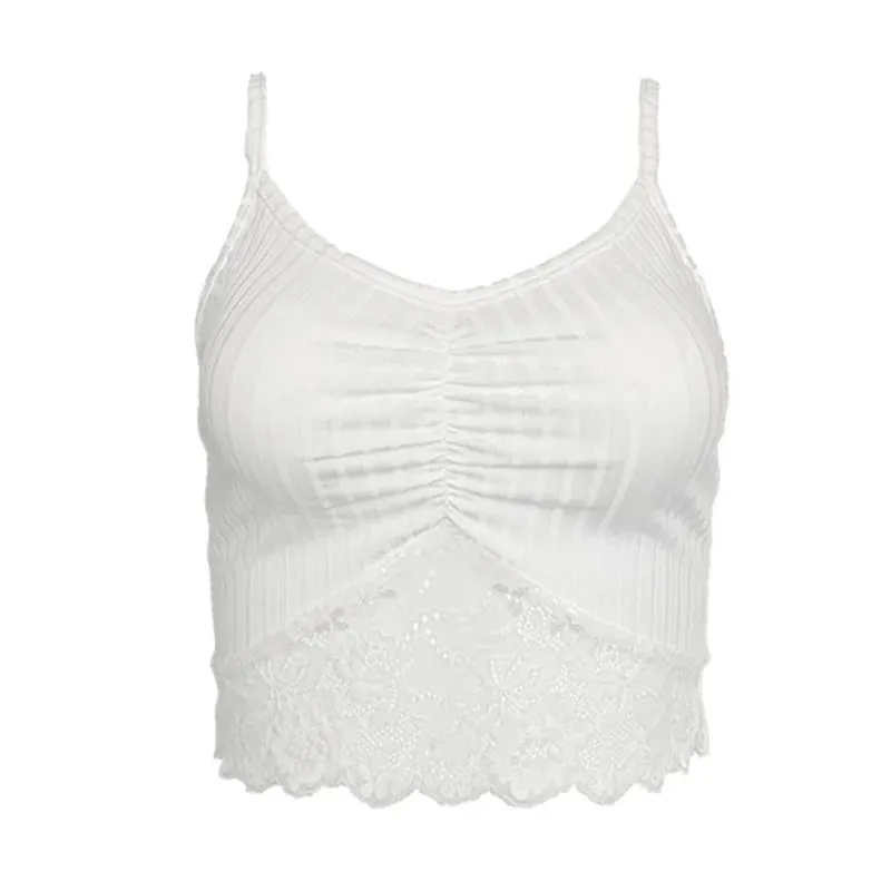 White Camisole 2025 Women's Tanks Bagong Estilo V-Neck Lace Patchwork Pleated Fashion Sexy Hot Girl Street Fashionista Camisole Top — image 5