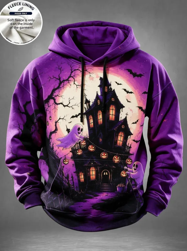 English: Halloween Haunted House Ghost Pumpkin Bat Print Hoodie Men Fleece Lined POD Sweatshirt Casual Long Sleeve Pullover — image 4