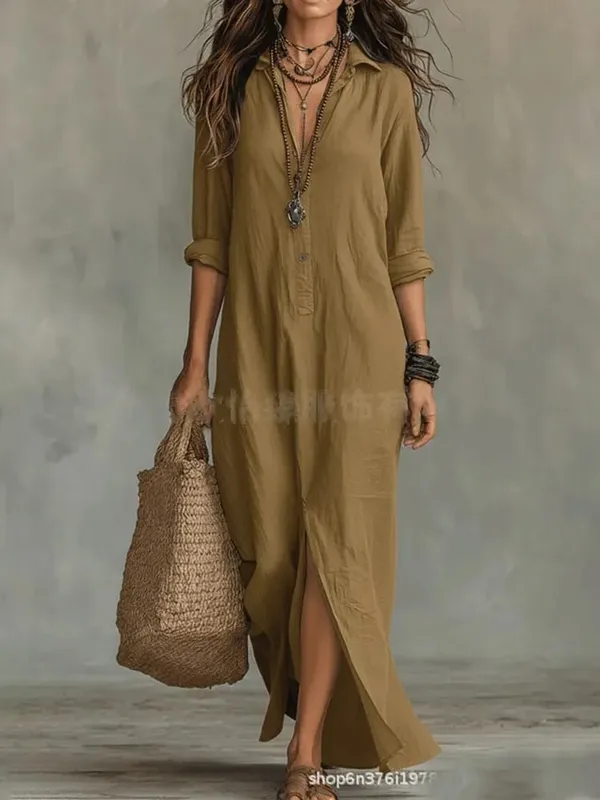 Casual Long Sleeve Loose Maxi Dress Women 2026 Summer Solid Color Turn-down Collar Beach Long Dresses Elegant Vestidos — image 10