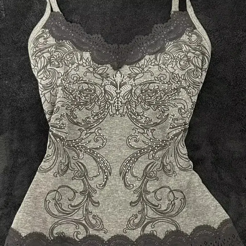 Punk Hottie Vintage Diamonds Print Camisole Vest Women American Sexy Outerwear Slim Patchwork Lace Tanks Gothic Y2k Crop Tops — image 5