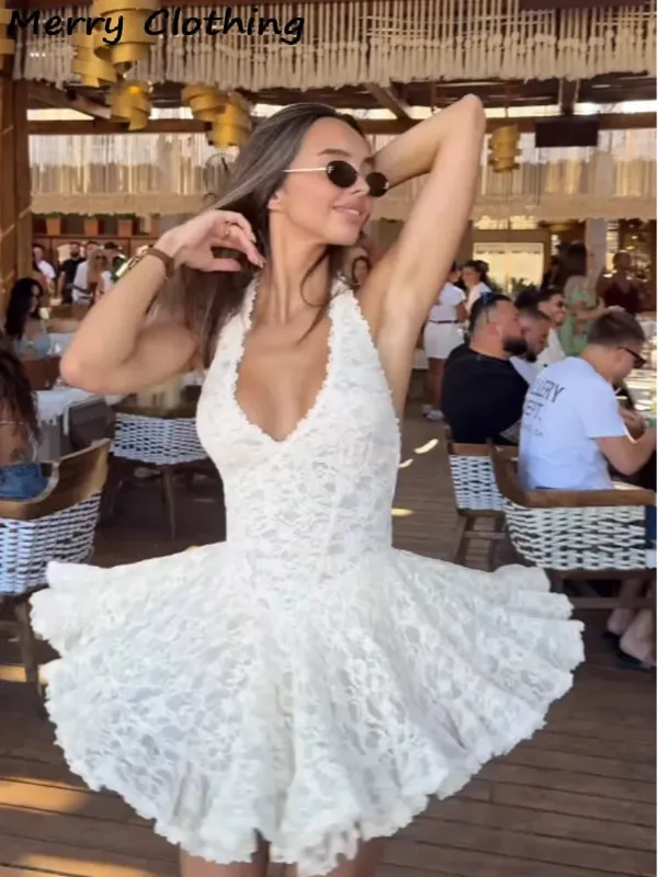 V pescoço halter renda mini saia feminina moda cintura cinched a linha vestido sem costas sem mangas curto vestidos de verão senhora — image 3