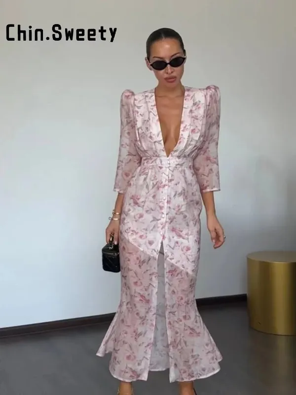 Elegant tryckt damklänning Organza Djup V-ringad Halvärmad midja Klänningar med plisserade plisseringar 2026 Summer Lady Holiday Party Robe — image 2