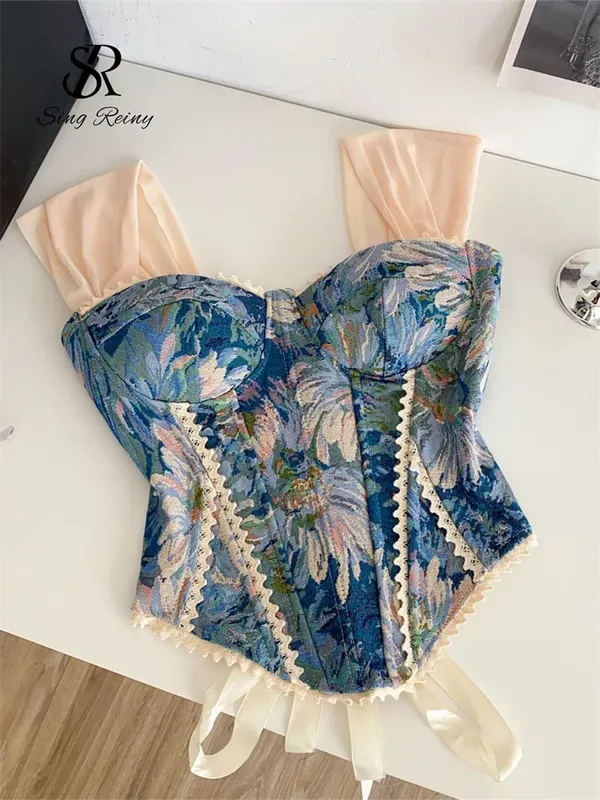 American Retro Print Evening Camisole Female Strap Lace Spliced Slim Top 2025 Streetwear Floral Vintage Beach Tank Top
