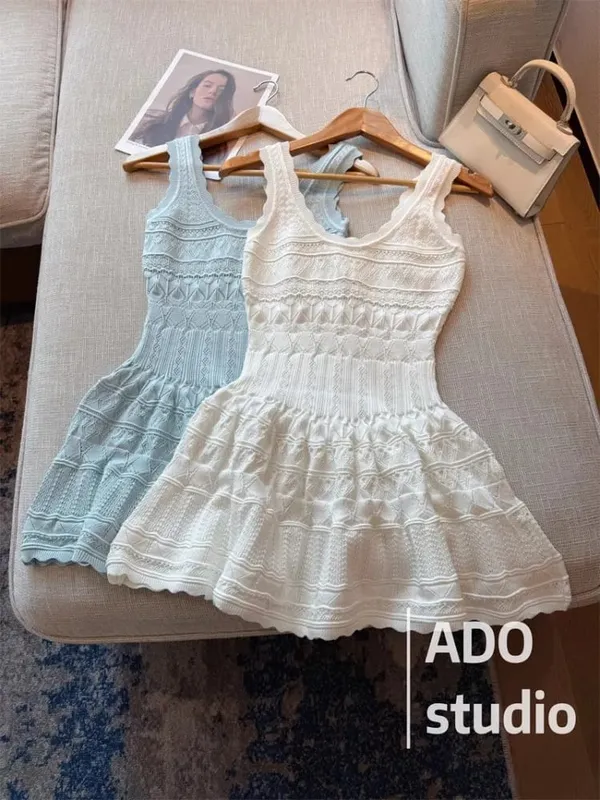 Korobov vestido linha a doce cor sólida com babados vestido colete de malha para mulheres verão estilo francês saia curta vazada — image 2
