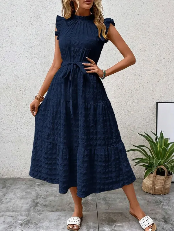 2026 Summer Fashion Flutter Sleeve Women Stand Collar Ruffles Solid Color Elegant Loose Long Dress Lace-up Texture Party Dresses — image 4