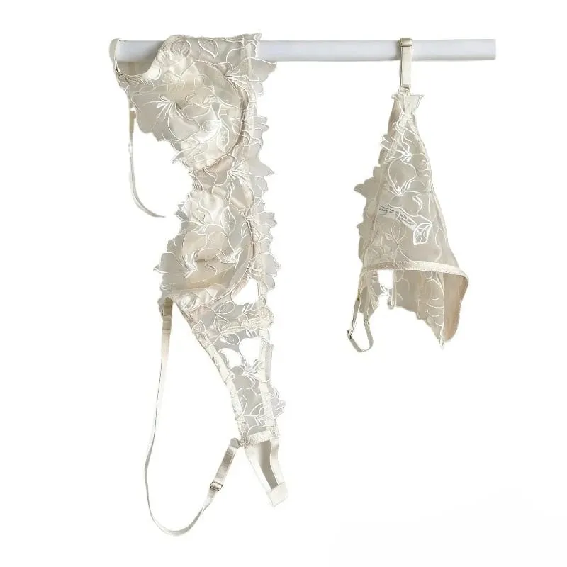 Padded Bra Set Small Bust | Lace Embroidered & Mesh Underwear Set with Soft Underwire Comfortable Demi Cup Sexy Tushy Panty PP — image 4