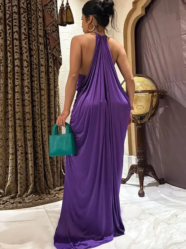Estranho gato elegante ruched halter vestido mulher sexy sem mangas verão tendência de seda vestido magro robe férias banquete festa vestidos — image 5