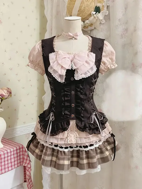 Vestidos doces conjunto de 3 peças y2k 90s crop top kawaii sexy harajuku japonês estilingue + top + mini saia de renda slim verão moda vestido chique — image 4