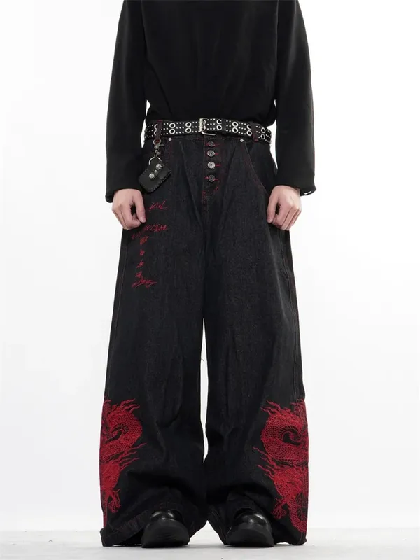 2026 New Side Red Dragon Embroidery Baggy Jeans For Men Y2K Streetwear Punk Fashion Denim Pantalones American Retro Hip Hop Jean — image 10