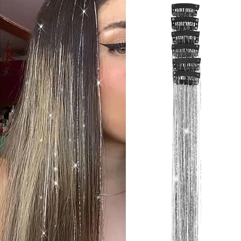 Hair Tinsel Pack of 6 Pcs Hair Tinsel Clip in Glitter Tinsel Hair Extensions Synthetic Hair Tinsel Kit Party Festival Fairy Hair — image 8