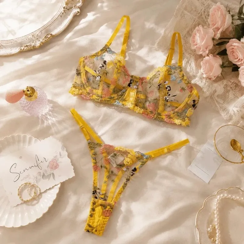 Bohemia Transparent Lingerie Set Push Up Ultra-thin Panties Bra Set Elegant Embroidery Floral Underwear Women — image 3