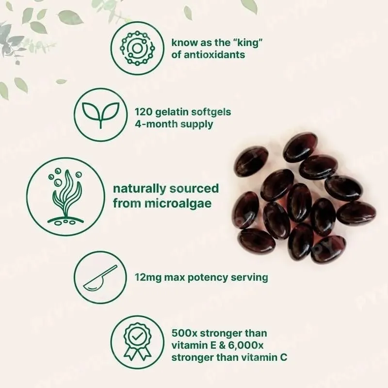 Astaxanthin 12mg with Fresh Microalgae Source Daily Nutritional Support Antioxidant Supplement 120 Softgels — image 3