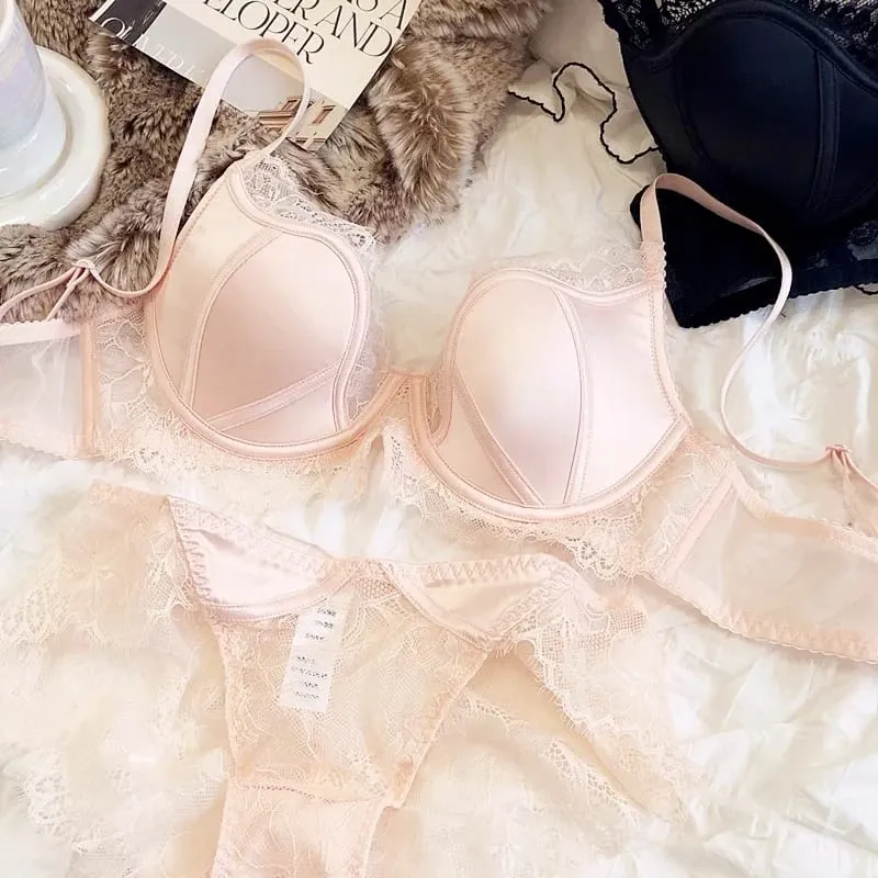 Doce pequeno fresco profundo-v copo fino roupa interior de renda feminina conjunto de sutiã sexy com tamanho grande bc tamanho push up lingerie com cuecas — image 8