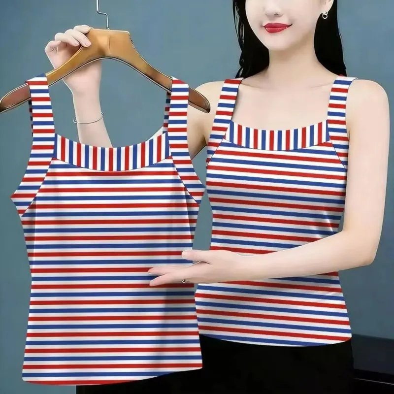 Summer Sleeveless Striped Contrast Patchwork Plus Size Vintage Tops All-match Harajuku T Shirts Fashion Casual Women Clothing — image 8