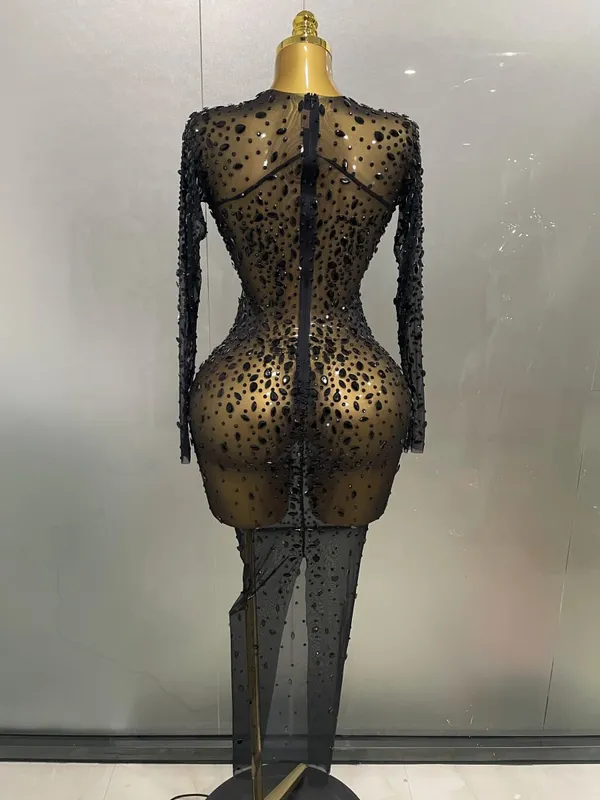 Sexy Shinny Rhinestone Stretch Mesh Transparent Long Dress 2025New Women Evening Birthday Party Prom Nightclub Singer Stage Wear — image 5