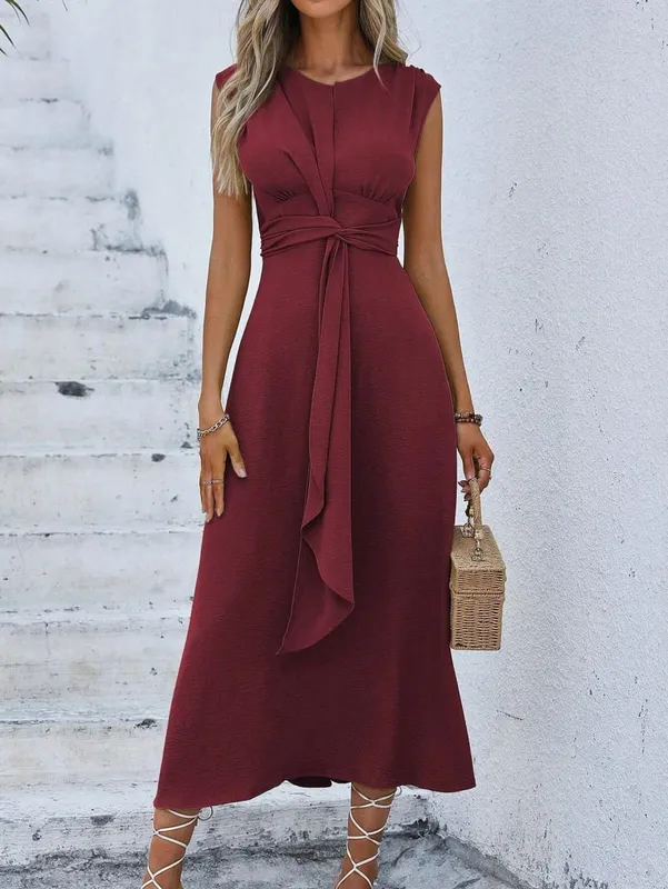 Women's Solid Color A-Line Dress Sleeveless Front Thin Straps Elegant Belted Midi Dress for Summer