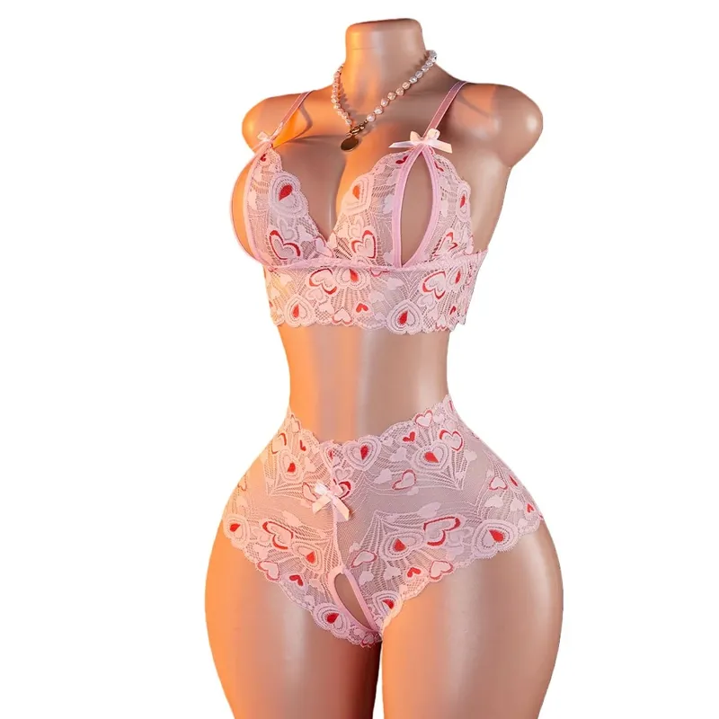 Pink Lace Open Brassiere Crotchless Panties Sexy Lingerie Female Sling Seductive Women's Fetish Transparent Underwear Sets — image 1