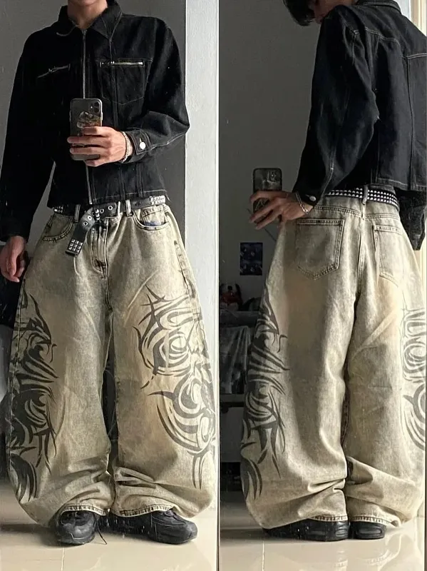 American Y2K New Grey Printing Baggy Jeans Men Women High Street Vintage Hip Hop Harajuku Casual Joker Couple Wide-leg Pants — image 2