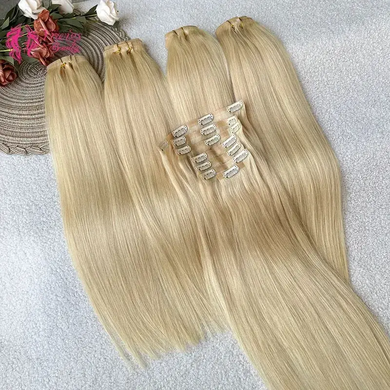 #613 Blonde Clip in Hair Extensions Human Hair Straight Virgin Human Hair Extensions Clip ins for Women 120g/7Pcs — image 2