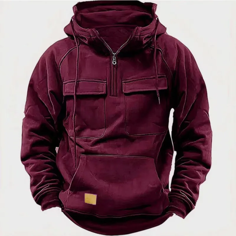 Novo outono-inverno masculino com capuz de cor sólida casual hoodie-moda jovem homem multi-bolso remendo moletom com capuz pulôver camisa — image 3