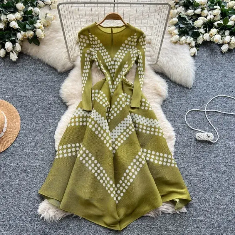 Miyake Pleated Dresses Europe New Simple Fashion Printed Elegant Large Hem Women's Lightweight Stretchy Bounce Flower Bud Dress