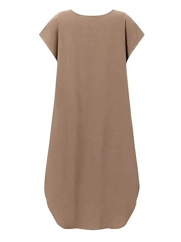 Summer Casual Cotton Dress for Woman O-Neck Short Cap Sleeve Loose Cotton Knee-Length Dress Vacation Day Wear Robes Femme — image 6